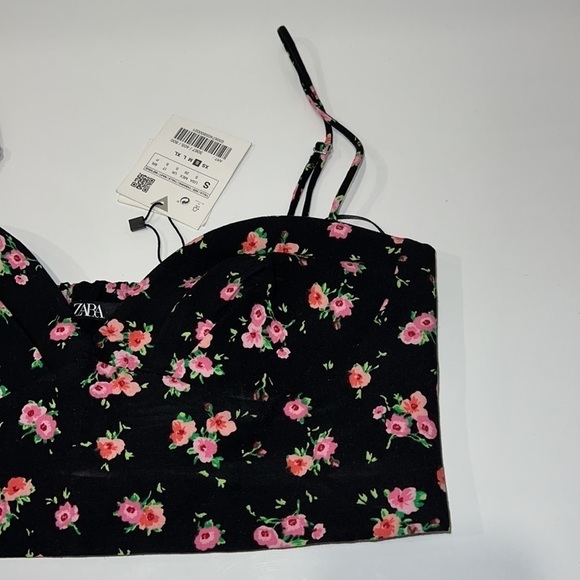 Zara Black Microflower Floral Strappy Crop Corset top size S - Picture 7 of 16